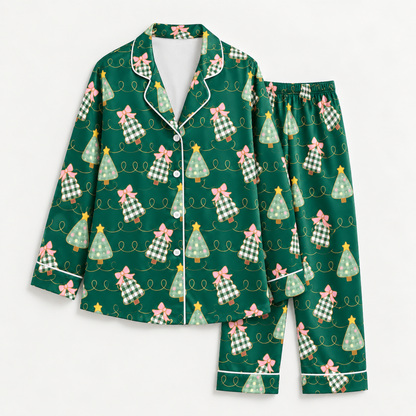 PJ-M2057-Christmas Tree Satin Pajama Set with Pink Bows Plaid Trees Stars and Festive Green Holiday Pattern