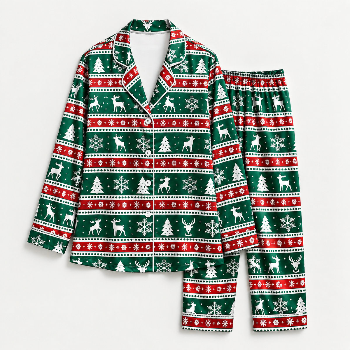 PJ-M2058-Christmas Reindeer Satin Pajama Set with Snowflakes Trees and Festive Green Red Nordic Fair Isle Pattern