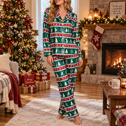 PJ-M2058-Christmas Reindeer Satin Pajama Set with Snowflakes Trees and Festive Green Red Nordic Fair Isle Pattern