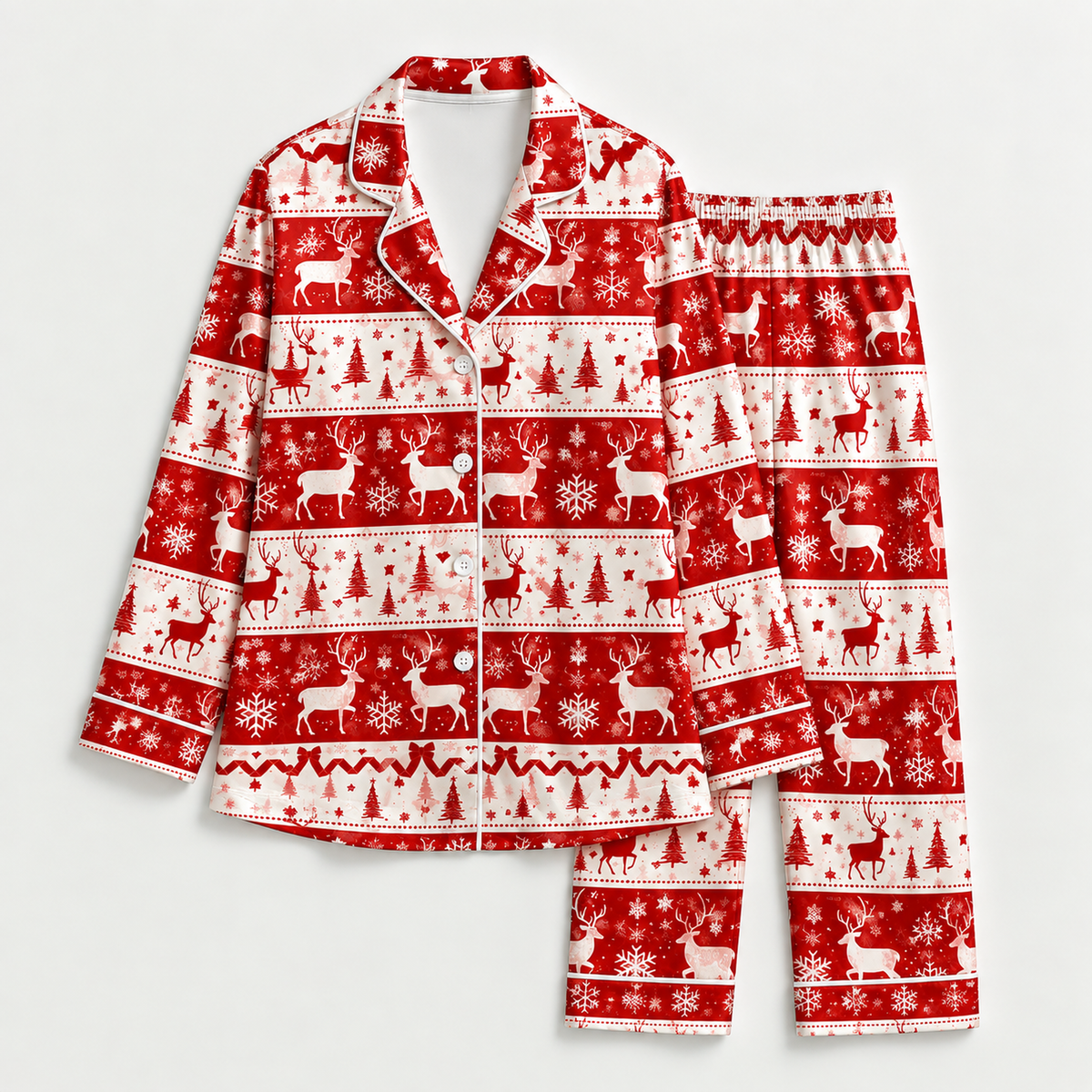 PJ-M2059-Christmas Reindeer Satin Pajama Set with Snowflakes Trees Hearts and Festive Red White Nordic Fair Isle Pattern