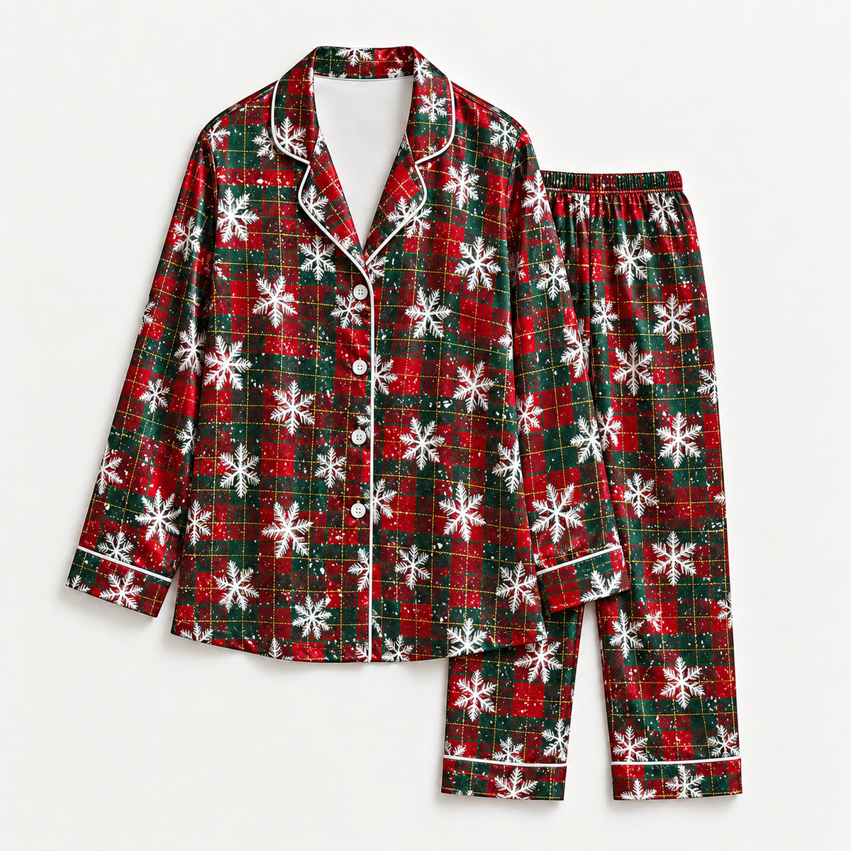 PJ-M2060-Christmas Plaid Satin Pajama Set with White Snowflakes and Festive Red Green Tartan Holiday Pattern