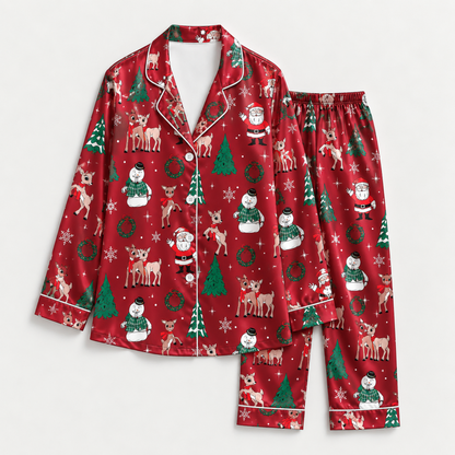 PJ-M2061-Christmas Reindeer Satin Pajama Set with Santa Snowman Trees Wreaths Snowflakes and Festive Red Holiday Pattern