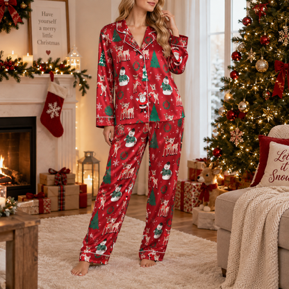 PJ-M2061-Christmas Reindeer Satin Pajama Set with Santa Snowman Trees Wreaths Snowflakes and Festive Red Holiday Pattern