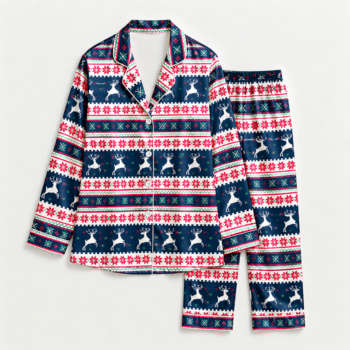 PJ-M2062-Christmas Reindeer Satin Pajama Set with Snowflakes Nordic Fair Isle and Festive Navy Holiday Pattern
