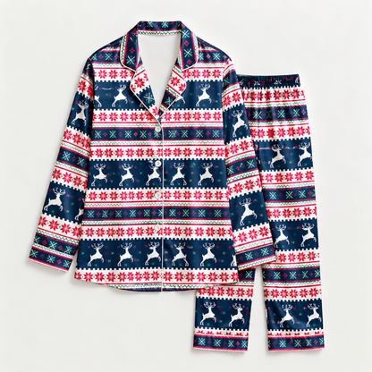 PJ-M2062-Christmas Reindeer Satin Pajama Set with Snowflakes Nordic Fair Isle and Festive Navy Holiday Pattern