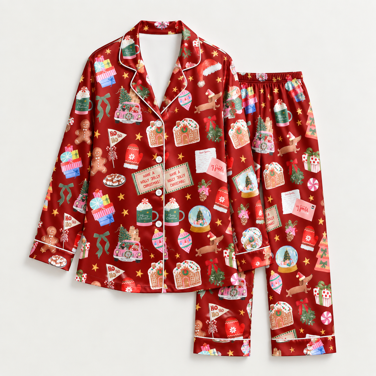 PJ-M2063-Christmas Baking Satin Pajama Set with Gingerbread Cookies Cakes Cocoa Mugs Recipe Cards and Festive Red Holiday Pattern