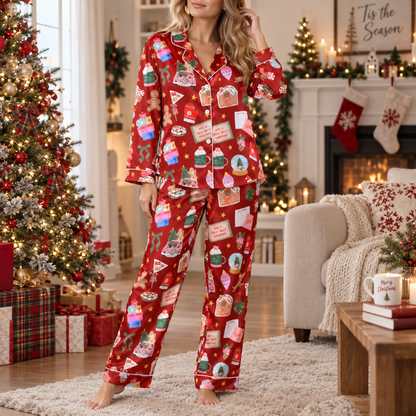PJ-M2063-Christmas Baking Satin Pajama Set with Gingerbread Cookies Cakes Cocoa Mugs Recipe Cards and Festive Red Holiday Pattern