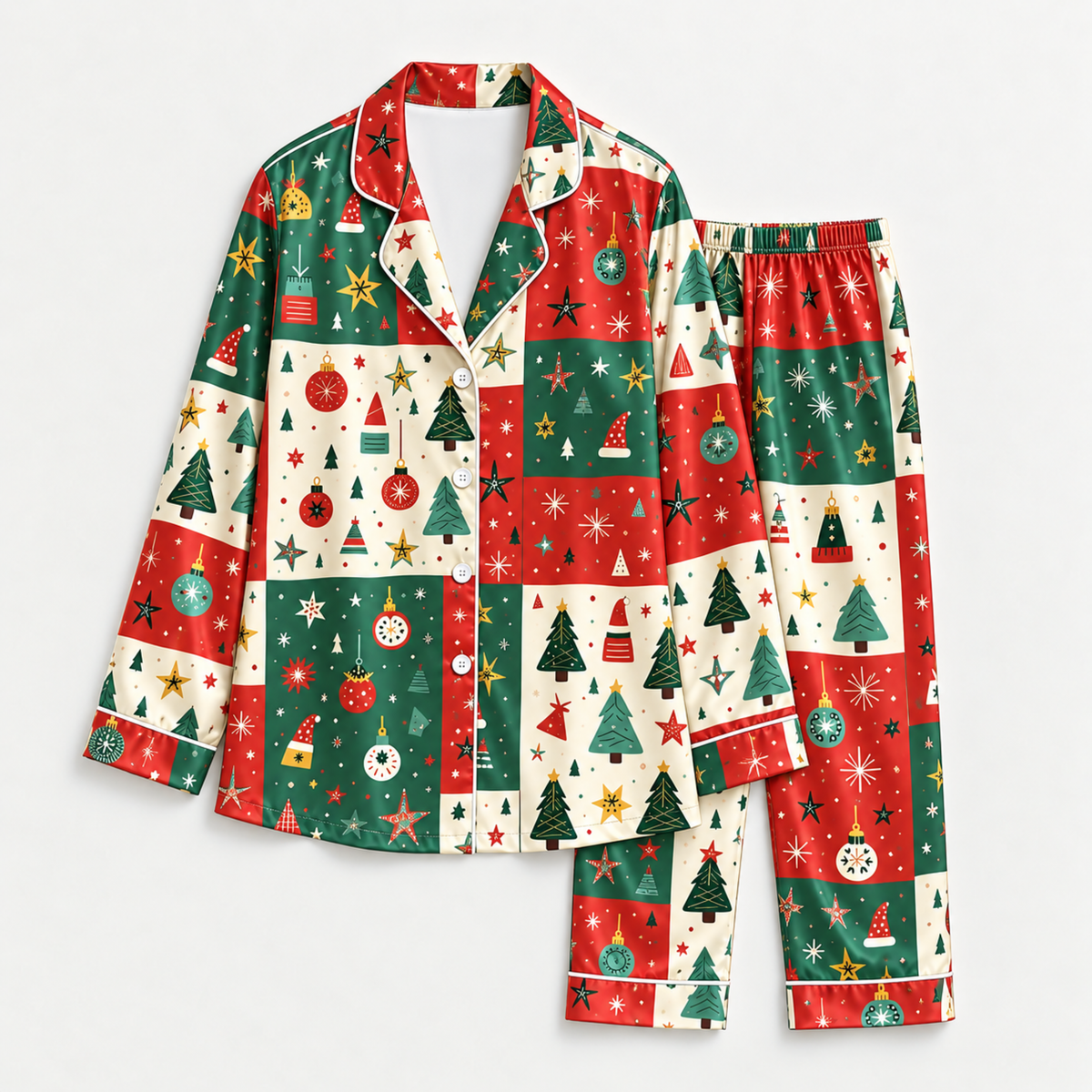 PJ-M2064-Christmas Patchwork Satin Pajama Set with Christmas Trees Ornaments Stars Snowflakes and Festive Red Green Holiday Pattern