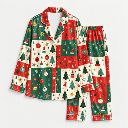 PJ-M2064-Christmas Patchwork Satin Pajama Set with Christmas Trees Ornaments Stars Snowflakes and Festive Red Green Holiday Pattern