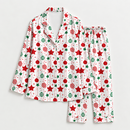 PJ-M2065-Christmas Satin Pajama Set with Red Green Ornaments Stars Snowflakes and Festive Holiday Pattern