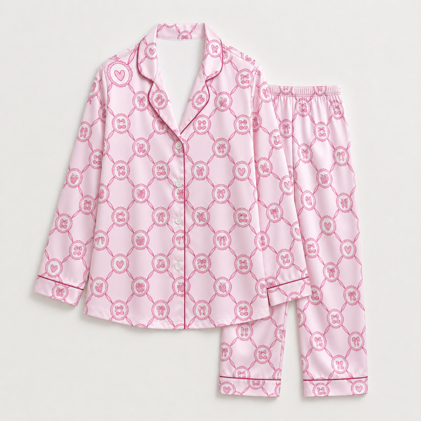 PJ-M207-Ribbon Pajama Apparel, Cherry Heart Pattern Loungewear Sleepwear Collection Top Bottom Clothing