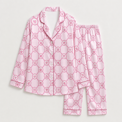 PJ-M207-Ribbon Pajama Apparel, Cherry Heart Pattern Loungewear Sleepwear Collection Top Bottom Clothing