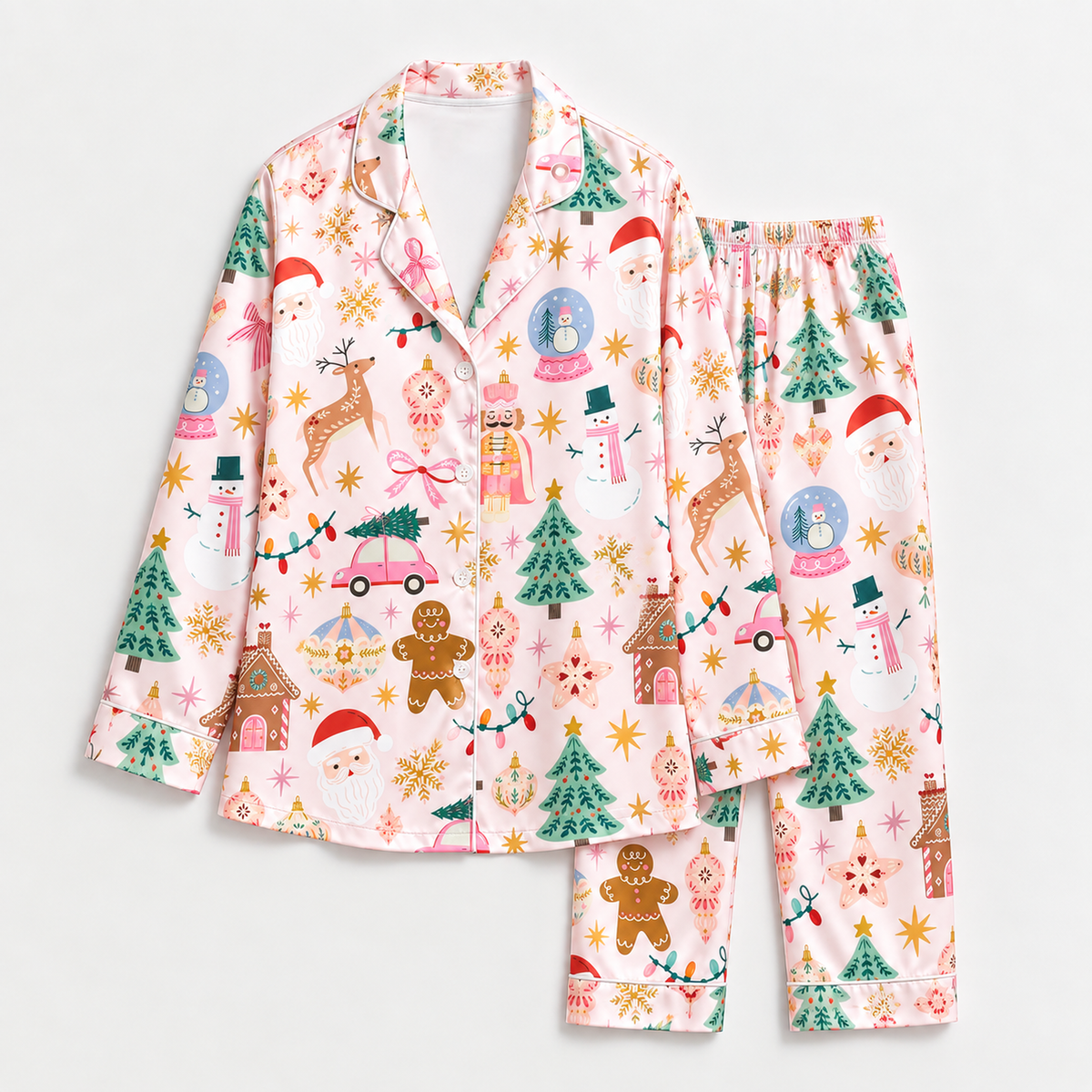 PJ-M2074-Pink Christmas Satin Pajama Set with Santa Reindeer Nutcracker Gingerbread Snowman Christmas Trees and Festive Holiday Pattern
