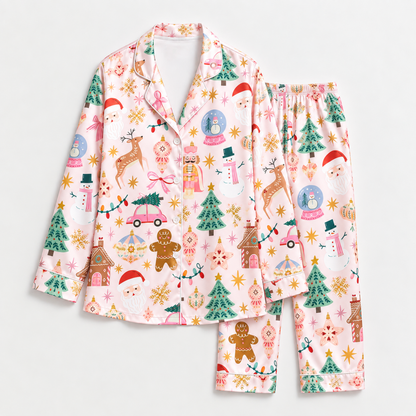 PJ-M2074-Pink Christmas Satin Pajama Set with Santa Reindeer Nutcracker Gingerbread Snowman Christmas Trees and Festive Holiday Pattern