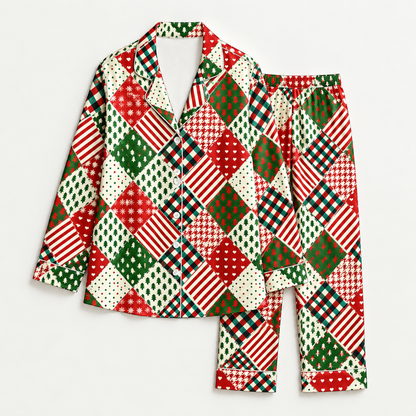 PJ-M2075-Christmas Patchwork Satin Pajama Set with Red Green Plaid Stripes Christmas Trees and Festive Geometric Holiday Pattern for Cozy Sleepwear