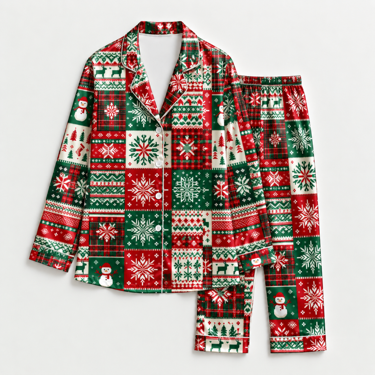 PJ-M2076-Christmas Fair Isle Satin Pajama Set with Snowflakes Snowmen Reindeer Christmas Trees and Festive Red Green Patchwork Pattern