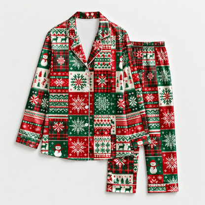 PJ-M2076-Christmas Fair Isle Satin Pajama Set with Snowflakes Snowmen Reindeer Christmas Trees and Festive Red Green Patchwork Pattern