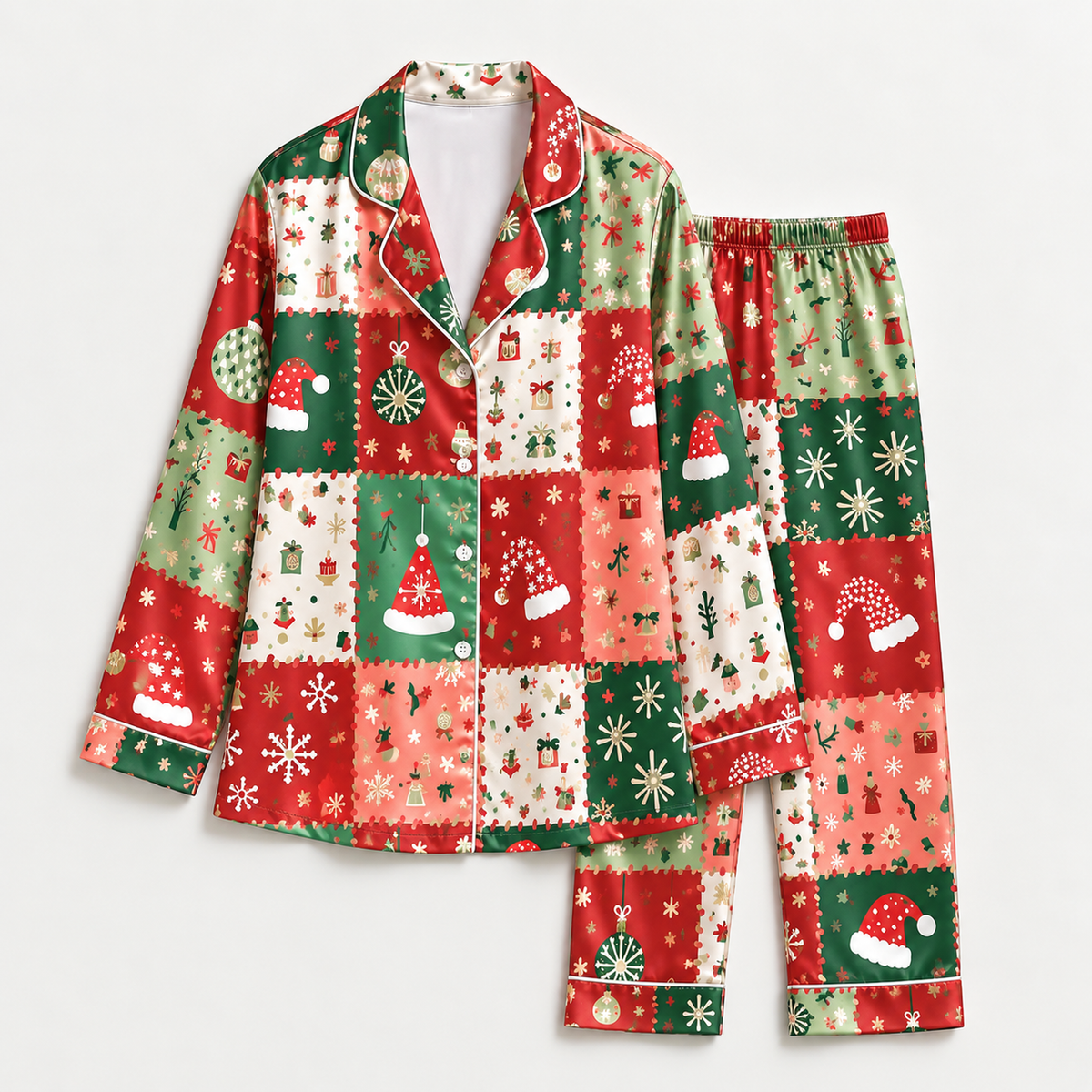 PJ-M2077-Christmas Patchwork Satin Pajama Set with Santa Hats Snowflakes Gifts Ornaments and Festive Red Green Holiday Pattern for Cozy Sleepwear