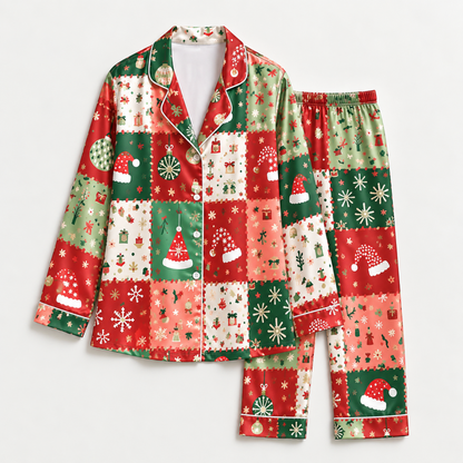 PJ-M2077-Christmas Patchwork Satin Pajama Set with Santa Hats Snowflakes Gifts Ornaments and Festive Red Green Holiday Pattern for Cozy Sleepwear
