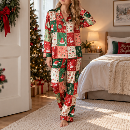 PJ-M2077-Christmas Patchwork Satin Pajama Set with Santa Hats Snowflakes Gifts Ornaments and Festive Red Green Holiday Pattern for Cozy Sleepwear
