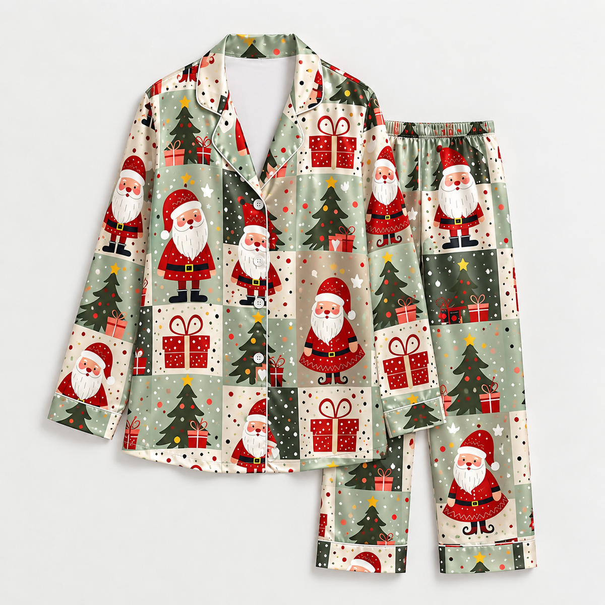 PJ-M2078-Santa Christmas Satin Pajama Set with Christmas Trees Gifts Stars and Festive Patchwork Holiday Pattern for Cozy Sleepwear