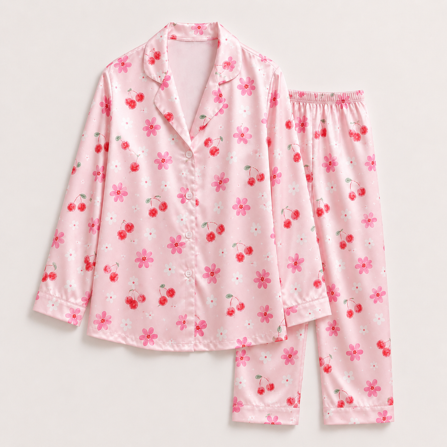 PJ-M208-Pink Cherry Pajama Apparel, Floral Blossom Pattern Loungewear Sleepwear Collection Top Bottom Clothing