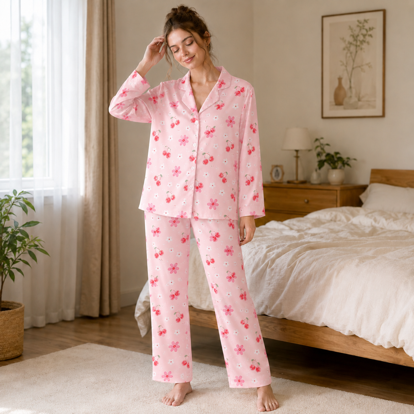PJ-M208-Pink Cherry Pajama Apparel, Floral Blossom Pattern Loungewear Sleepwear Collection Top Bottom Clothing
