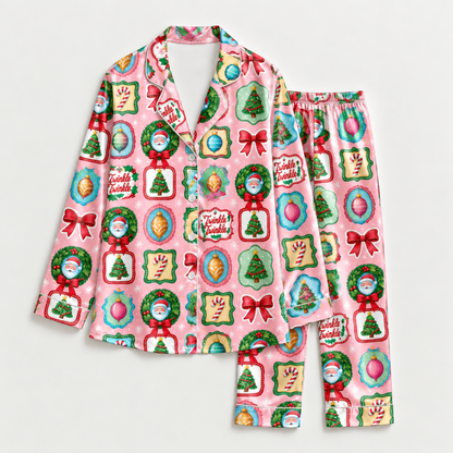 PJ-M2080-Retro Christmas Satin Pajama Set with Vintage Ornaments Bows Christmas Trees Santa and Festive Pink Holiday Pattern for Cozy Sleepwear