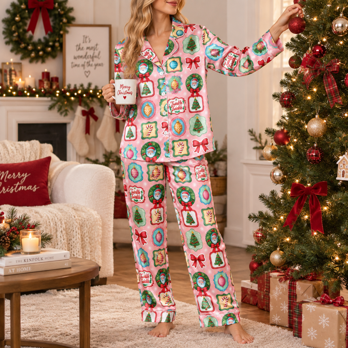 PJ-M2080-Retro Christmas Satin Pajama Set with Vintage Ornaments Bows Christmas Trees Santa and Festive Pink Holiday Pattern for Cozy Sleepwear