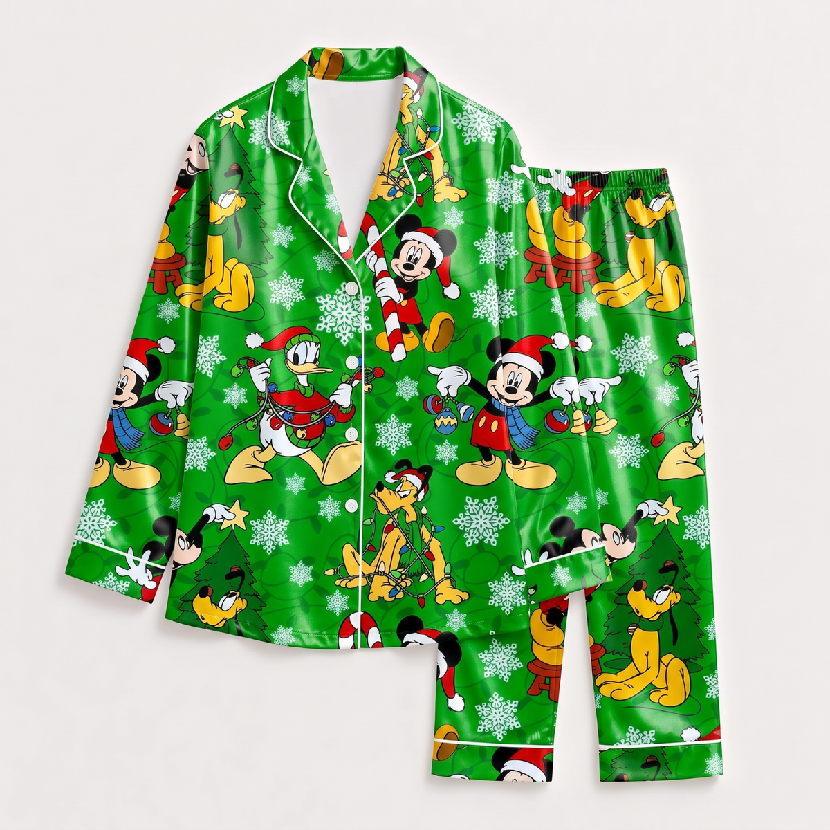 PJ-M2081-Disney Christmas Mickey Mouse and Friends Green Satin Pajama Set, Holiday Sleepwear