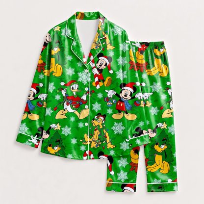 PJ-M2081-Disney Christmas Mickey Mouse and Friends Green Satin Pajama Set, Holiday Sleepwear