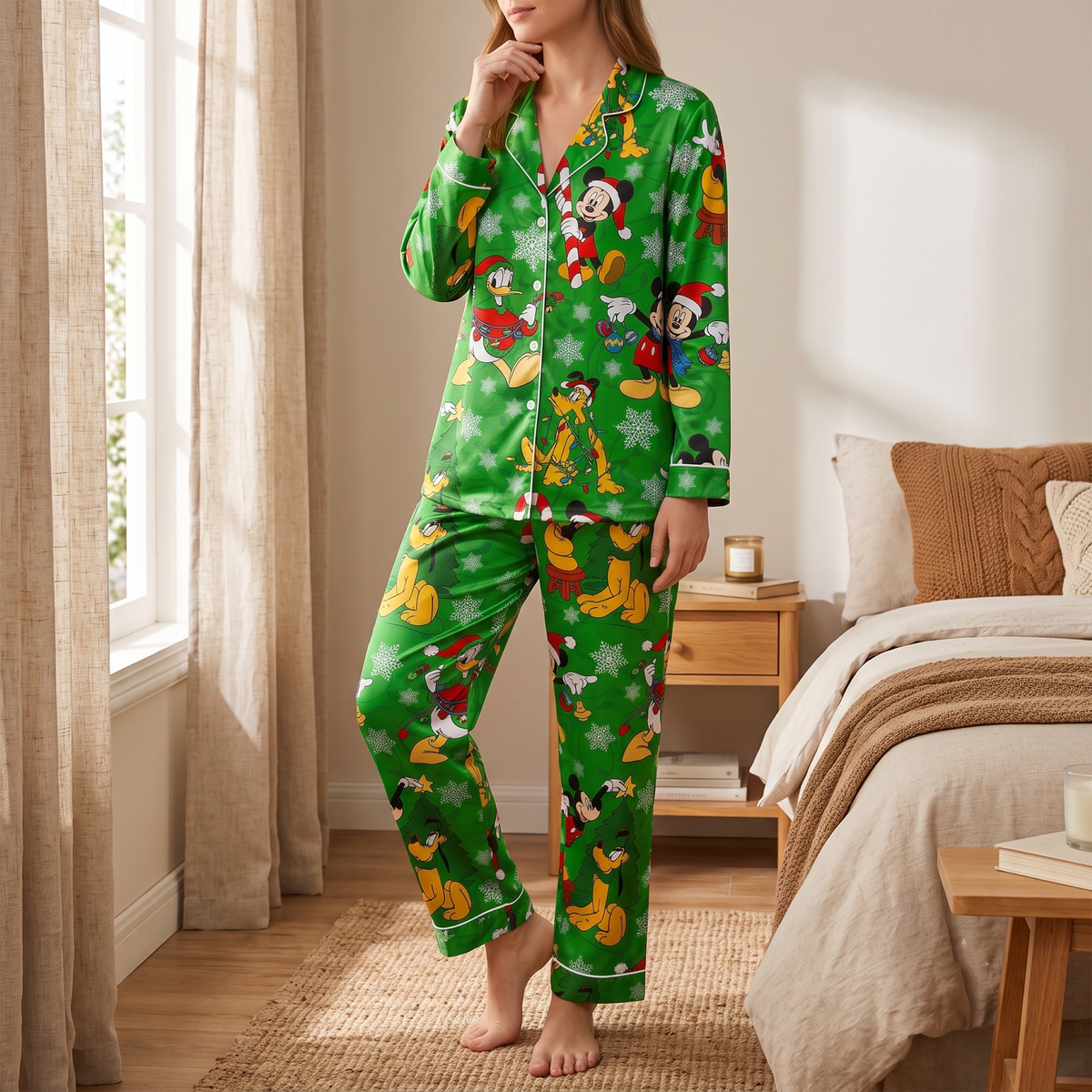PJ-M2081-Disney Christmas Mickey Mouse and Friends Green Satin Pajama Set, Holiday Sleepwear