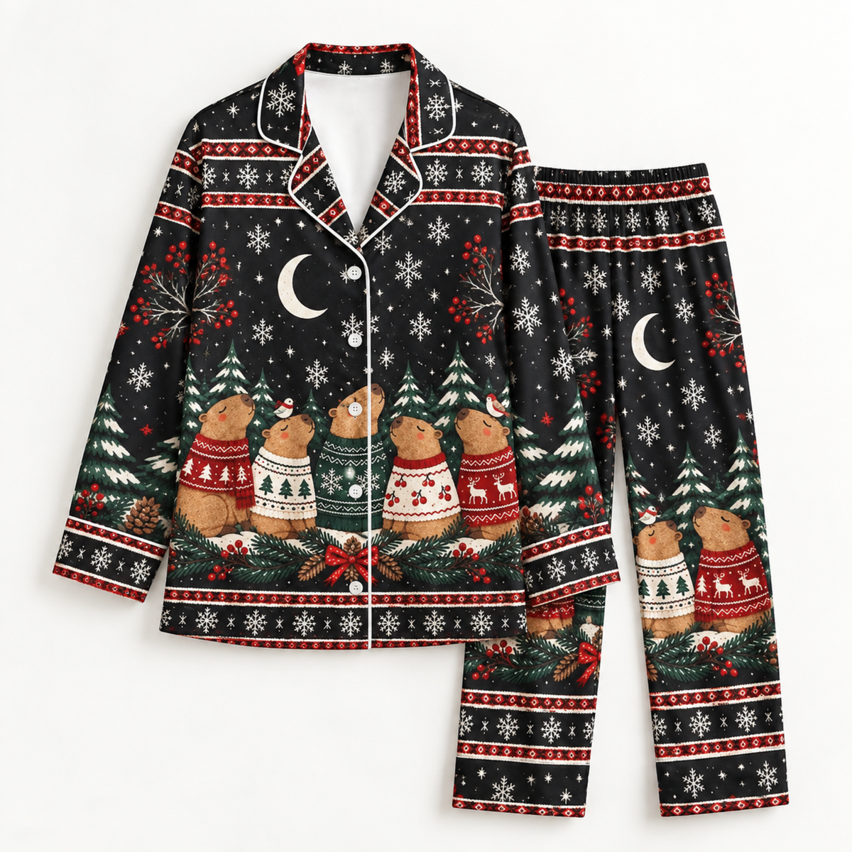 PJ-M2082-Christmas Capybara Satin Pajama Set, Winter Snowflake Moon Cozy Holiday Animal Sleepwear