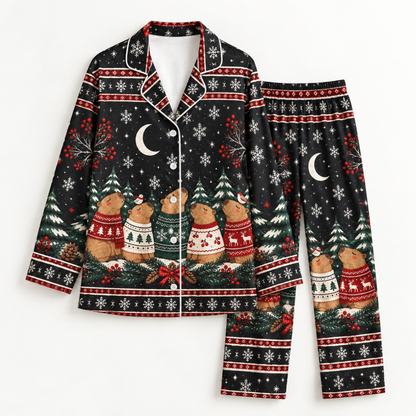 PJ-M2082-Christmas Capybara Satin Pajama Set, Winter Snowflake Moon Cozy Holiday Animal Sleepwear