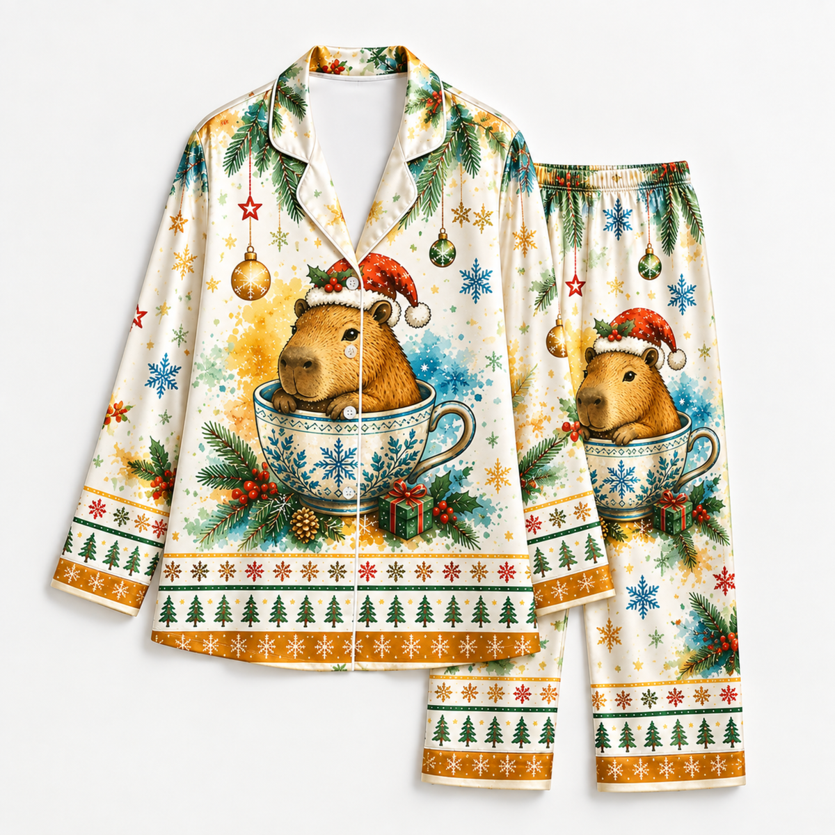 PJ-M2083-Christmas Capybara Tea Cup Satin Pajama Set, Santa Snowflake Festive Holiday Sleepwear