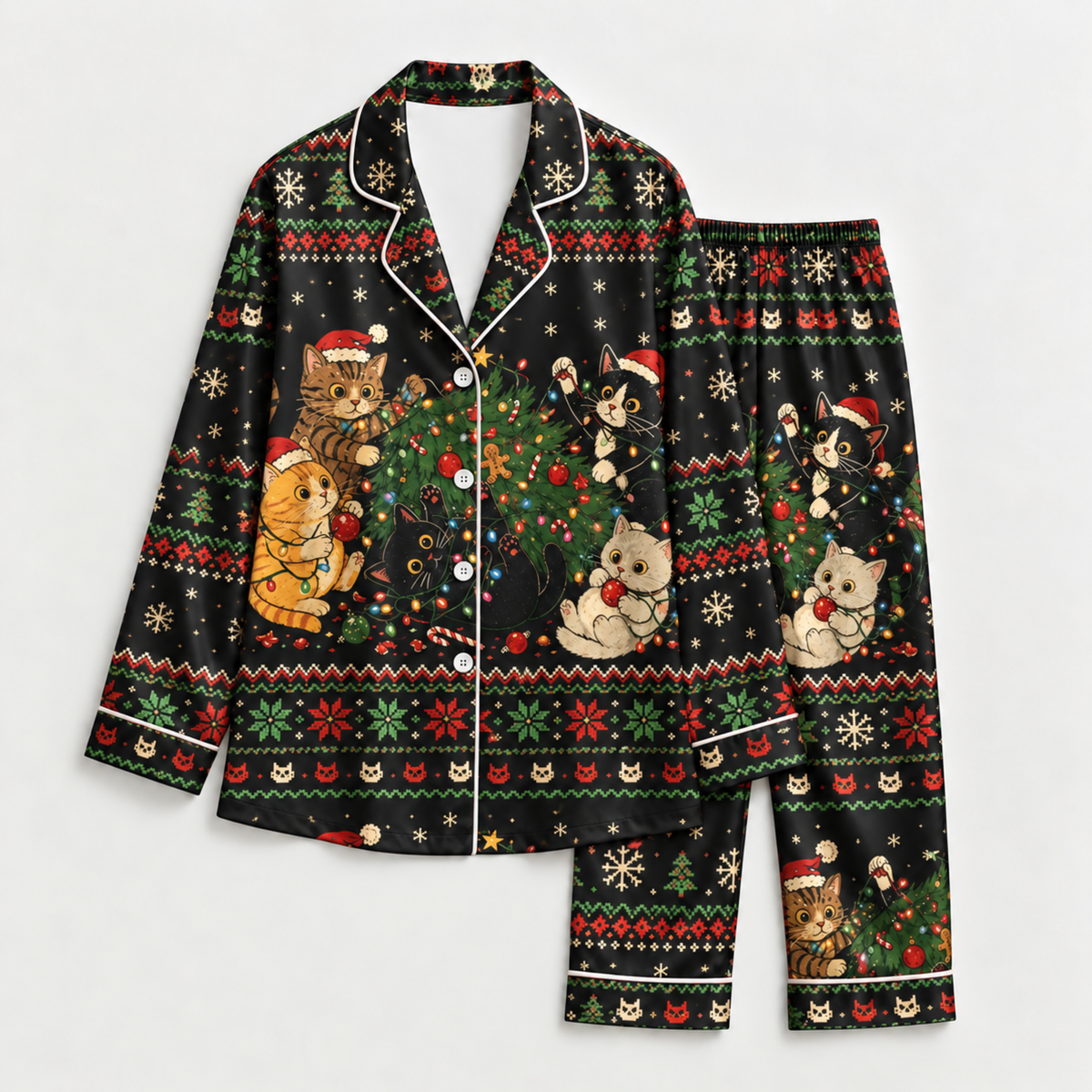 PJ-M2084-Christmas Cat Satin Pajama Set, Festive Kitty Tree Snowflake Cozy Holiday Sleepwear