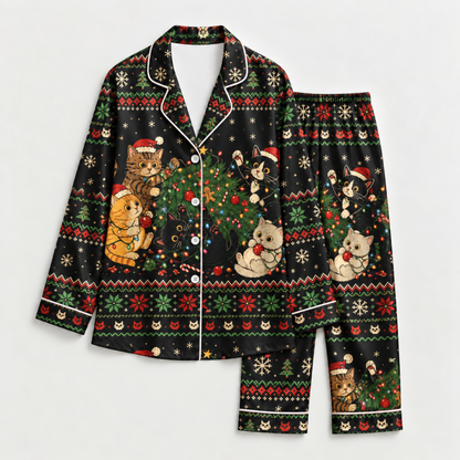 PJ-M2084-Christmas Cat Satin Pajama Set, Festive Kitty Tree Snowflake Cozy Holiday Sleepwear