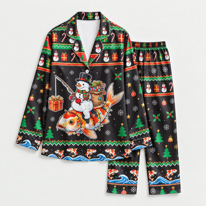 PJ-M2085-Christmas Snowman Fishing Satin Pajama Set, Koi Fish Festive Holiday Winter Sleepwear