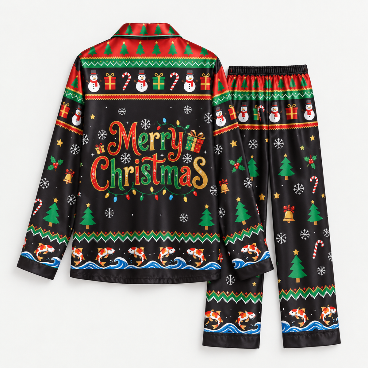 PJ-M2085-Christmas Snowman Fishing Satin Pajama Set, Koi Fish Festive Holiday Winter Sleepwear