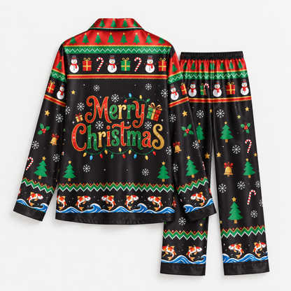 PJ-M2085-Christmas Snowman Fishing Satin Pajama Set, Koi Fish Festive Holiday Winter Sleepwear