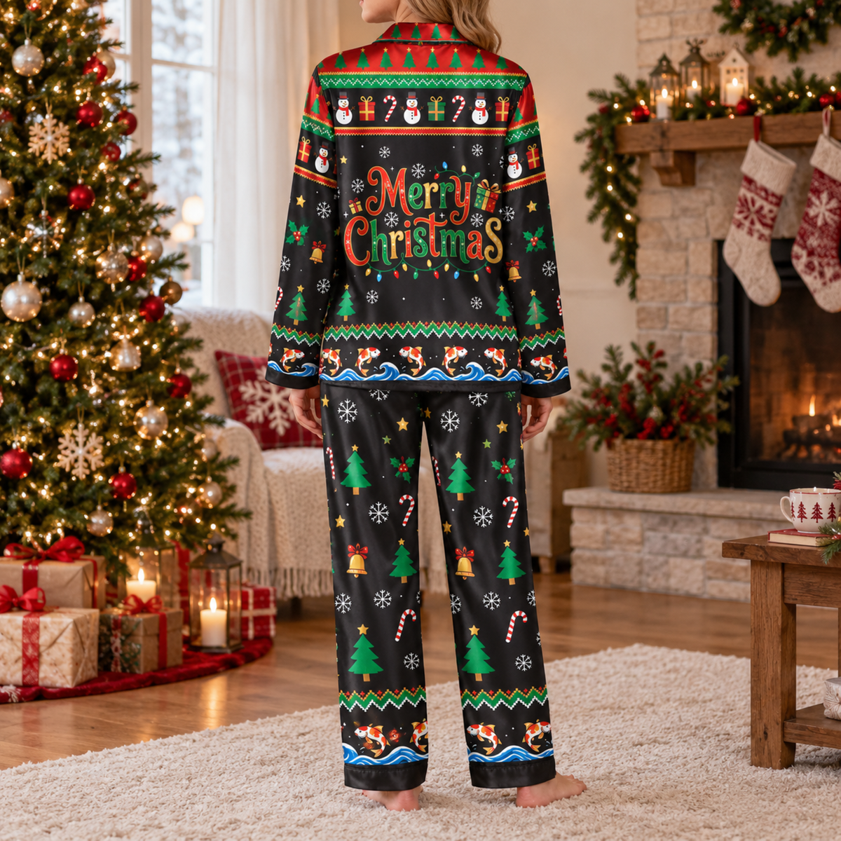PJ-M2085-Christmas Snowman Fishing Satin Pajama Set, Koi Fish Festive Holiday Winter Sleepwear