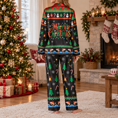 PJ-M2085-Christmas Snowman Fishing Satin Pajama Set, Koi Fish Festive Holiday Winter Sleepwear