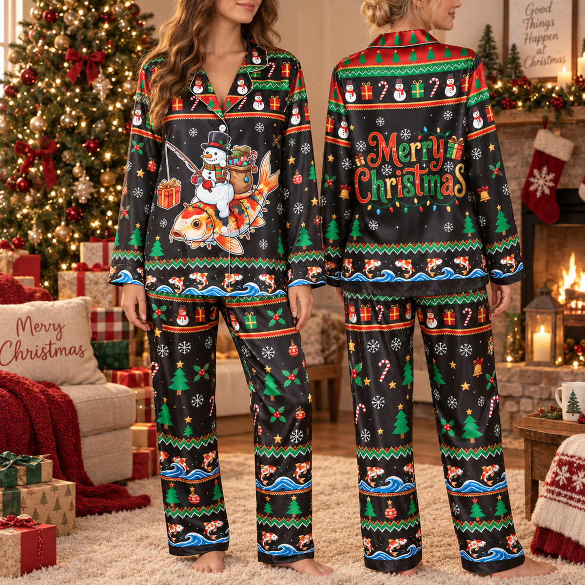 PJ-M2085-Christmas Snowman Fishing Satin Pajama Set, Koi Fish Festive Holiday Winter Sleepwear