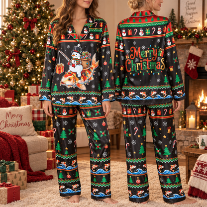 PJ-M2085-Christmas Snowman Fishing Satin Pajama Set, Koi Fish Festive Holiday Winter Sleepwear