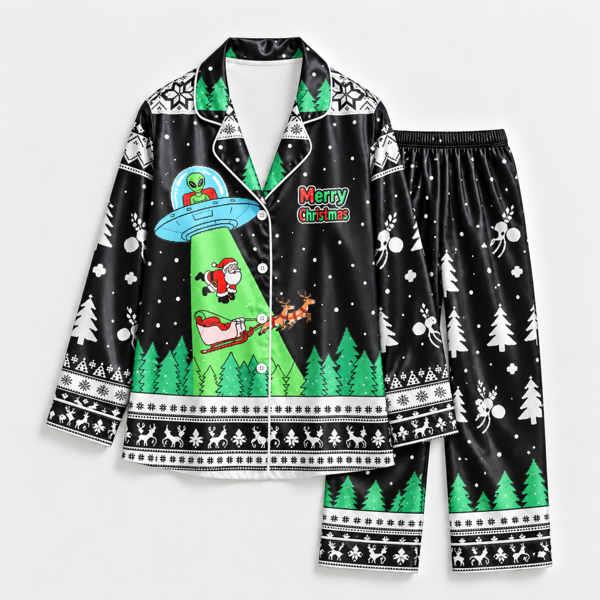 PJ-M2086-Alien Santa Christmas Satin Pajama Set, Funny UFO Abduction Reindeer Holiday Sleepwear