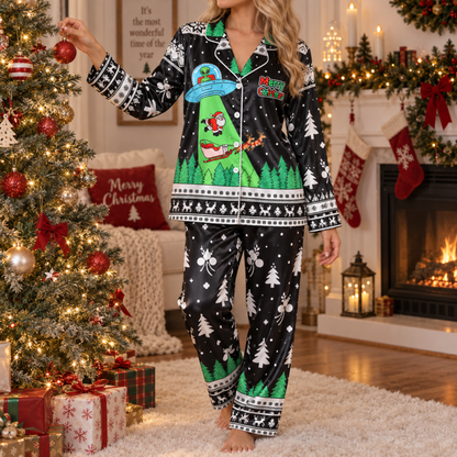 PJ-M2086-Alien Santa Christmas Satin Pajama Set, Funny UFO Abduction Reindeer Holiday Sleepwear