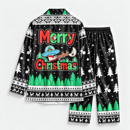 PJ-M2086-Alien Santa Christmas Satin Pajama Set, Funny UFO Abduction Reindeer Holiday Sleepwear
