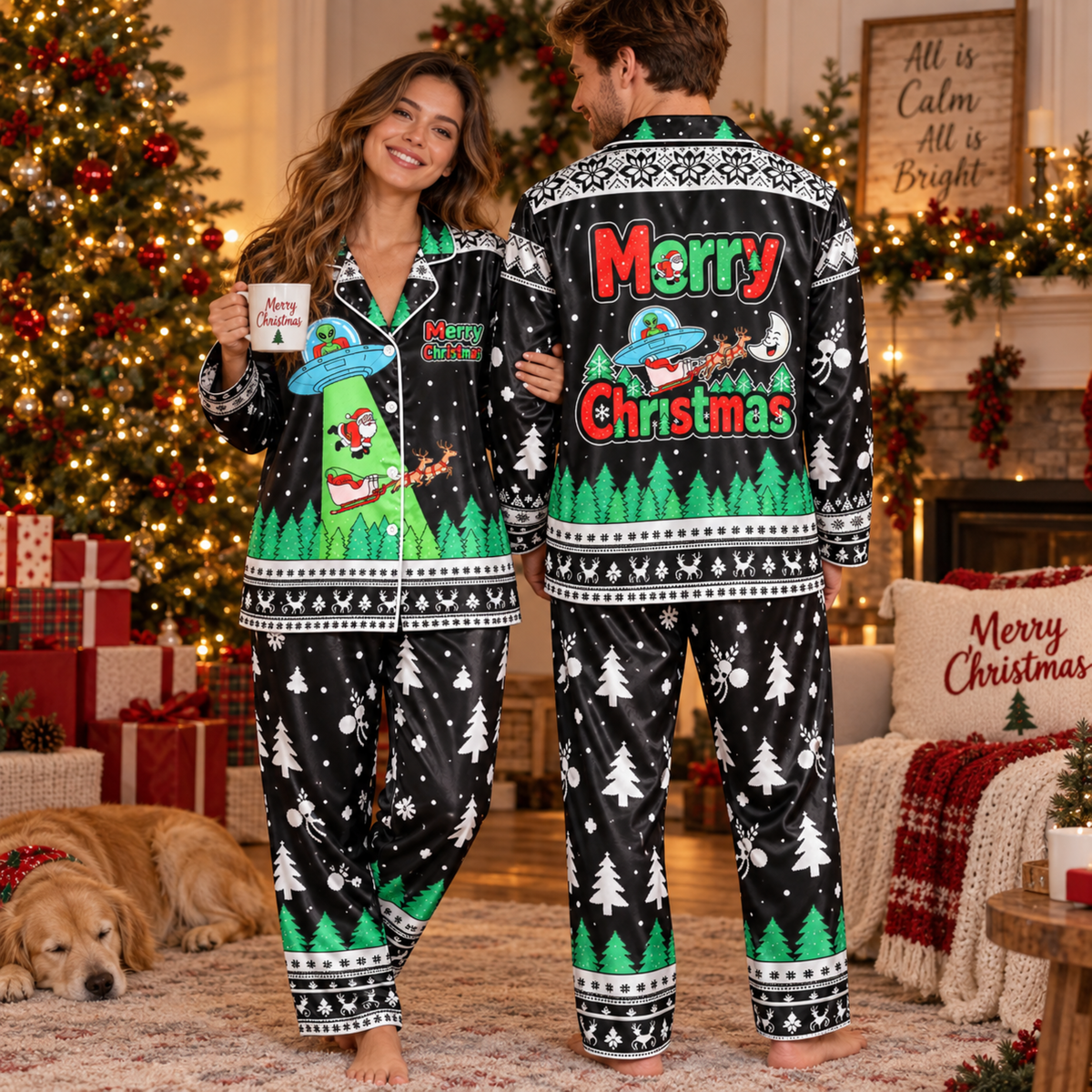 PJ-M2086-Alien Santa Christmas Satin Pajama Set, Funny UFO Abduction Reindeer Holiday Sleepwear