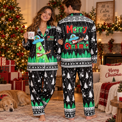 PJ-M2086-Alien Santa Christmas Satin Pajama Set, Funny UFO Abduction Reindeer Holiday Sleepwear