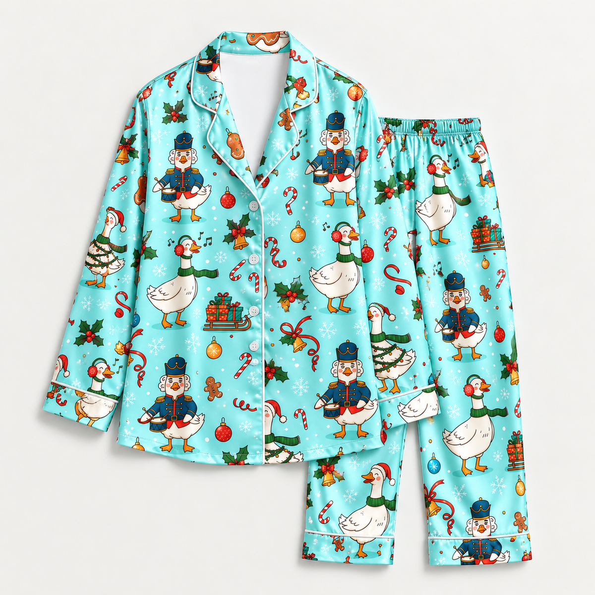 PJ-M2087-Christmas Goose Satin Pajama Set with Nutcracker Geese Candy Canes Gifts Holly and Festive Holiday Pattern for Cozy Sleepwear